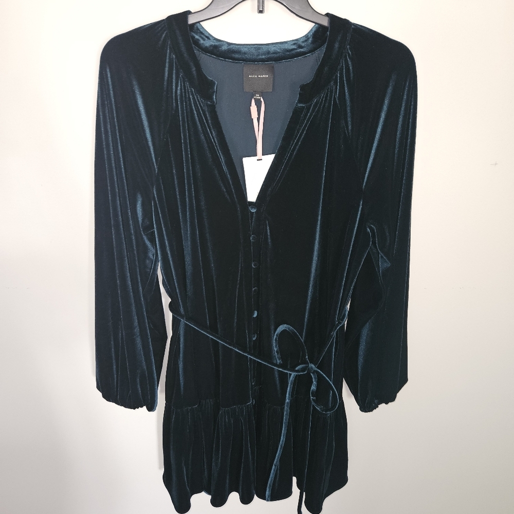 Alex Marie Wren Velvet Long Balloon Sleeve Button Front Midi Dress:Emerald Green